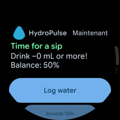 A HydroPulse notification recommending 100 mL with a one-tap log action